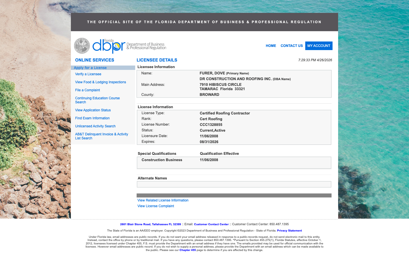 Florida DBPR licensee detail page for CCC1328855, Certified Roofing Contractor, Current Active, expires 08/31/2026