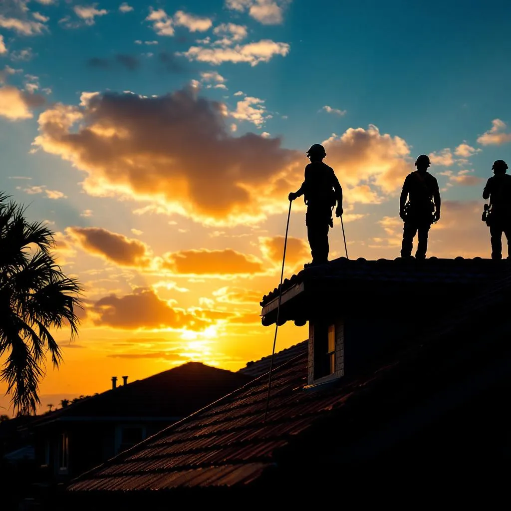 Roofing professionals working on a residential roof at sunset in South Florida