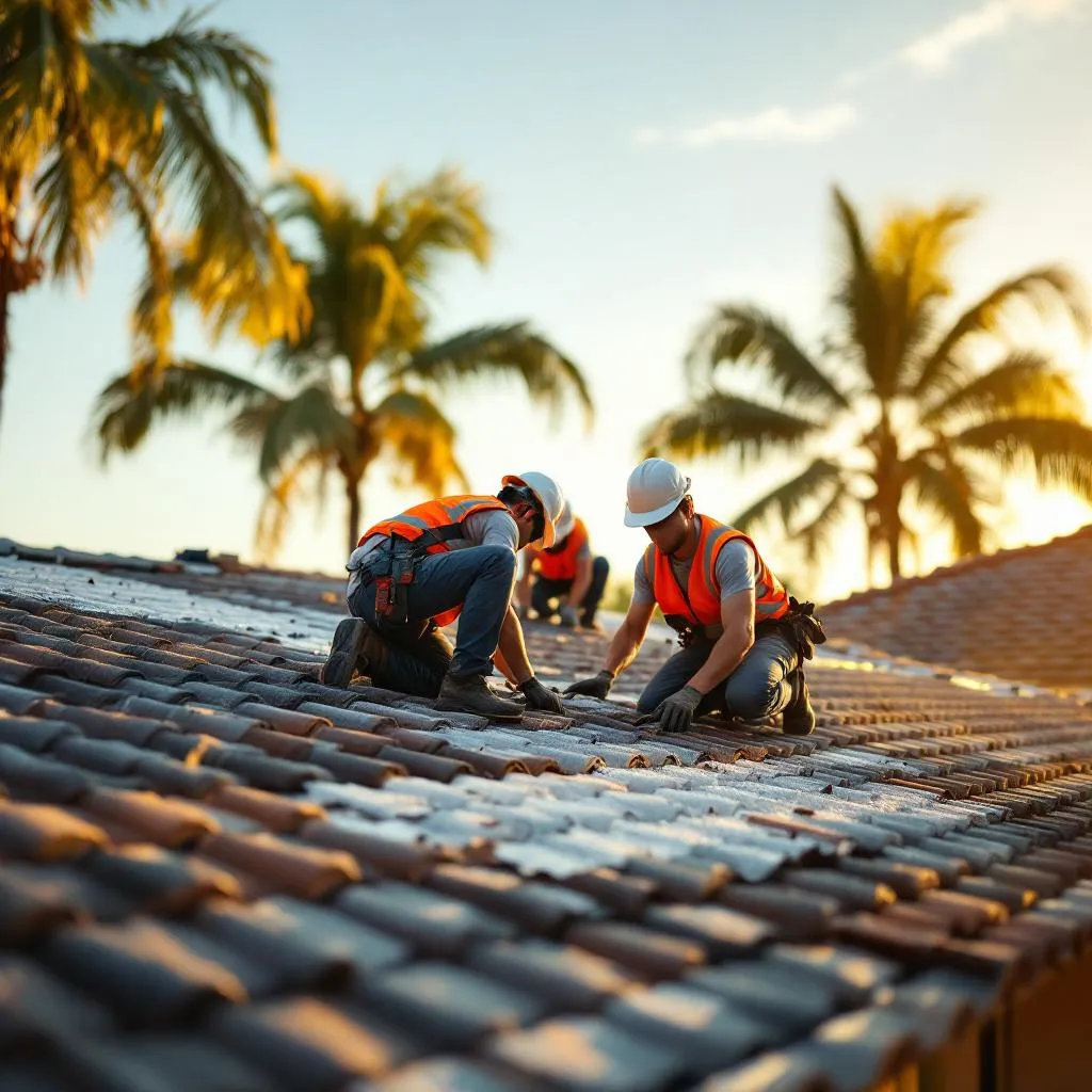 Roofing crew working together on a residential roof in South Florida