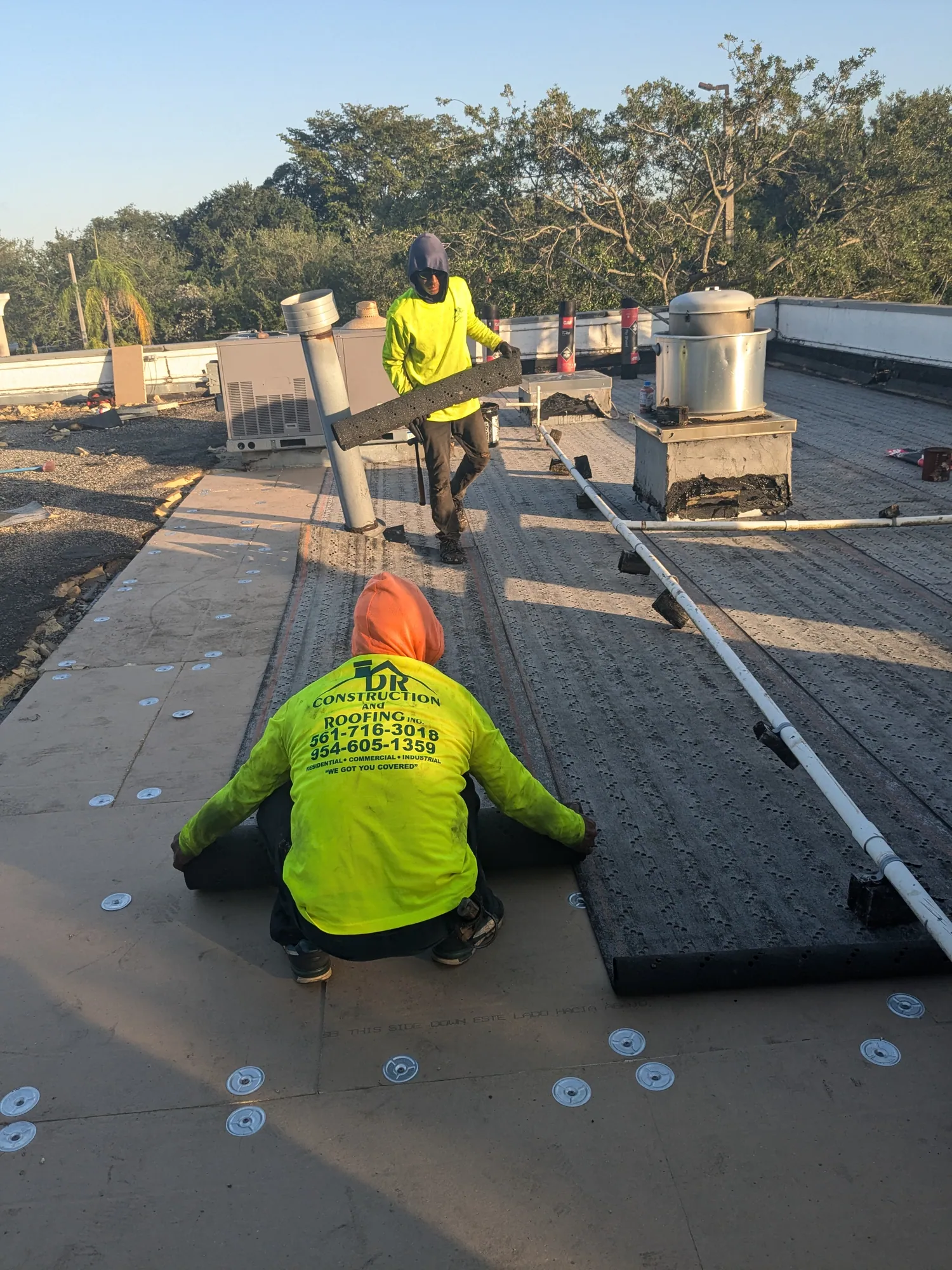 Commercial flat roof hot-mop installation by DR Construction & Roofing in South Florida